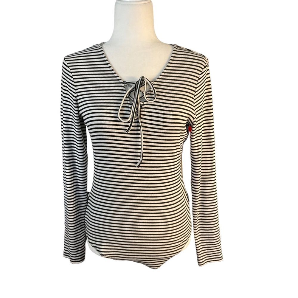 Who What Wear Black White Striped Lace Up Ribbed Knit Bodysuit Size M